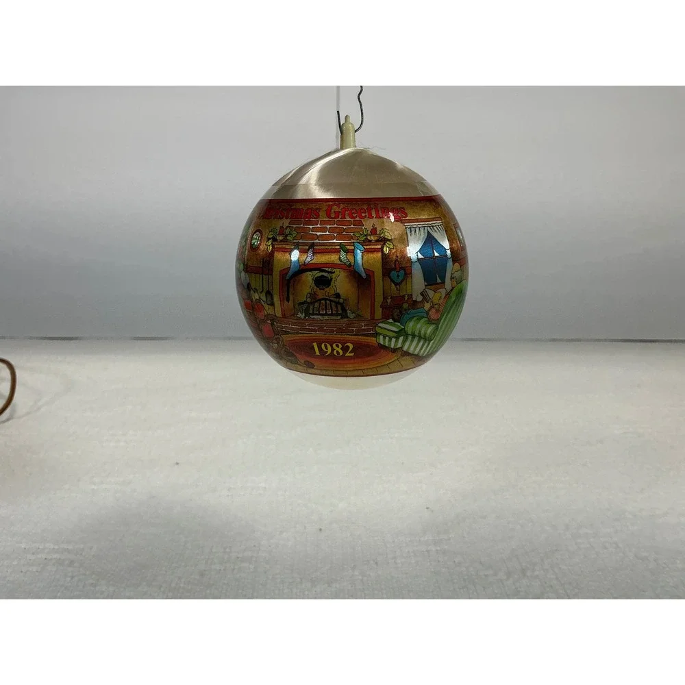 Vintage Christmas Greetings 1982 Satin Ball Ornament Fireplace Scene Cream Multi